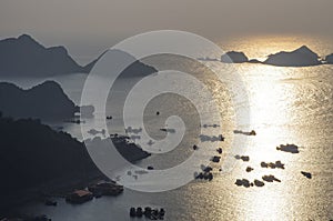 Harbour of Cat Ba town from viewpoint in cannon fort in sunset, Halong Bay