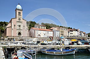 Harbour and church of Port-Vendres in France