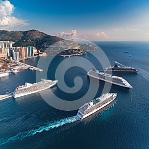 harbour with cruiseships, AI generated