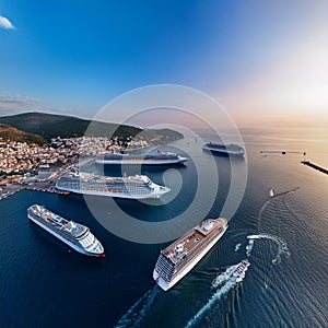 harbour with cruiseships, AI generated