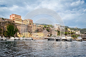 The Harbour entrance scene from the incoming ferry of the beautiful town of Sorrento along the Amalfi coast in southern Italy