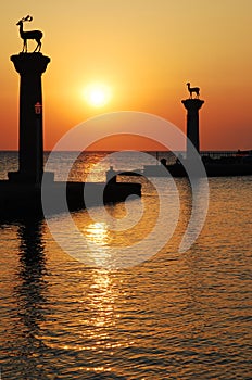 Harbour gates & Lighthouse, Rhodes, Sunset