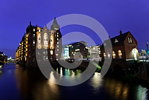 Harbour of Hamburg at night. Germany