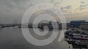 Harbour of Limassol at dusk, Cyprus - Aerial View 4k Drone shot