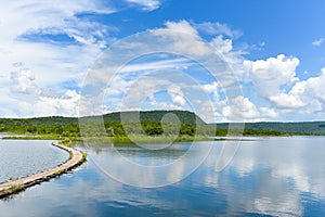 Harbour in river water in thailand blue sky with clouds beautiful and island mountain background landscape - Bamboo wooden bridge