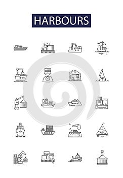 Harbours line vector icons and signs. Marinas, Wharfs, Jetties, Havens, Seaports, Quays, Pier, Anchorage outline vector