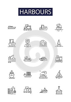 Harbours line vector icons and signs. Marinas, Wharfs, Jetties, Havens, Seaports, Quays, Pier, Anchorage outline vector photo