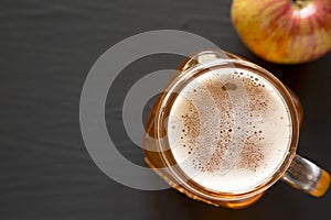 Hard Apple Cider Ale in a Glass Jar Mug, top view. Flat lay, overhead, from above. Copy space