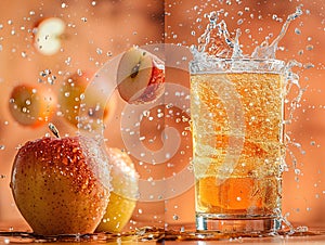 Hard Apple Cider Ale Ready to Drink. Delicious cider photography, explosion flavors, studio lighting, studio background