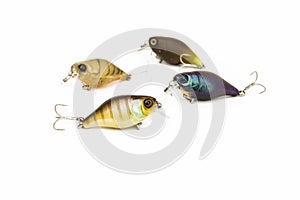 Hard baits lure like a fishing plugs or crankbaits  for freshwater fishing, that imitate baitfish, with a short fat body, on a uni photo