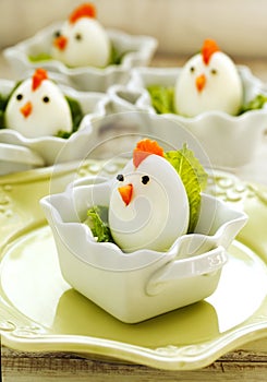 Hard boiled Chicken Egg Family. Easter food for kids