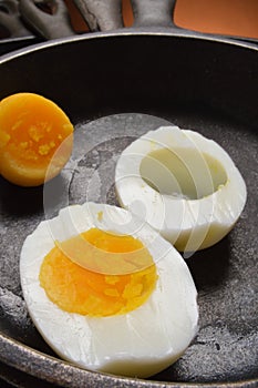 Hard boiled egg in cast iron skillets