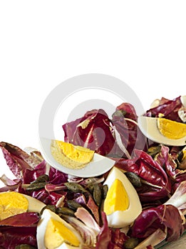 Hard-boiled eggs with organic red chicory