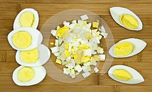 Hard boiled eggs on a wooden board