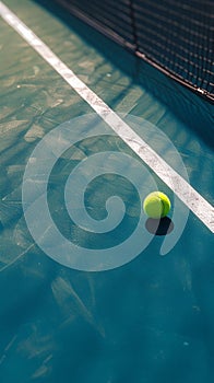 Hard court scene tennis ball placed on white line