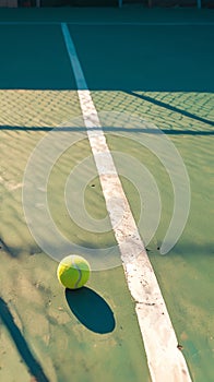 Hard court scene tennis ball placed on white line