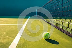 Hard court scene tennis ball placed on white line