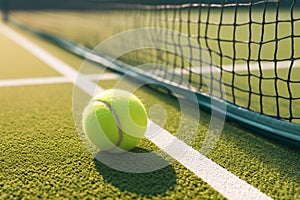 Hard court scene tennis ball placed on white line