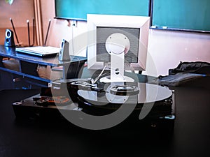 Hard disk on the background. Data collection, archiving of important data.