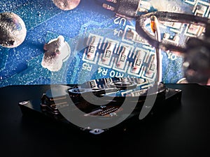 Hard disk on the background. Data collection, archiving of important data.