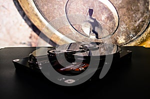 Hard disk on the background. Data collection, archiving of important data.