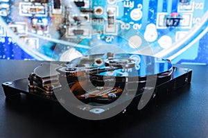 Hard disk on the background. Data collection, archiving of important data.