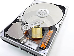 hard disk of a computer with the padlock symbolizing the encrypt