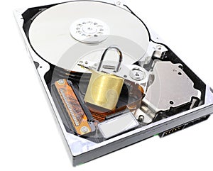 hard disk for data storage and an open padlock