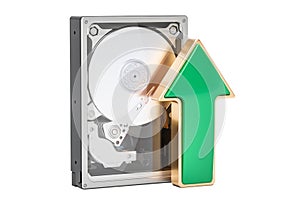 Hard Disk Drive HDD with green arrow upload data concept, 3D rendering
