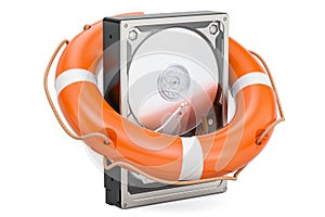 Hard Disk Drive HDD with lifebuoy. Data safety and protection c