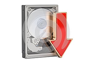 Hard Disk Drive HDD with red arrow download data concept, 3D rendering