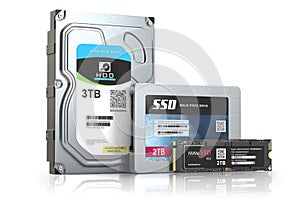 Hard disk drive hdd, solid state drive ssd and ssd m2 isolated on white.  Set of different data storage devices