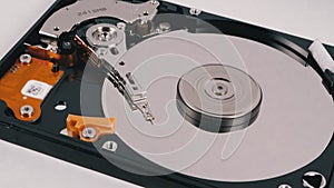 Hard Disk Drive Inside. Structure of HDD, Spinning Platter. Move magnetic head