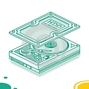 Hard Disk Drive. Isometric Outline Concept. Highly Detailed Open HDD. Isolated Objects