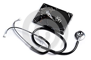 Hard disk drive and stethoscope. HDD diagnostic and repair