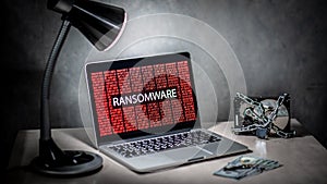 Hard disk locked with ransomware cyber attack on computer