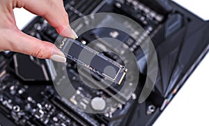 Hard disk SSD m2 on the motherboard background.