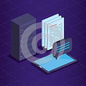 hard disk storage tower with documents and smartphone with chat bubble