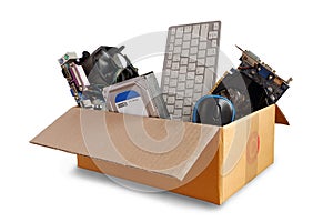 Hard disks and motherboards and old computer hardware accessories, Electronic waste in paper boxes isolated on white background,