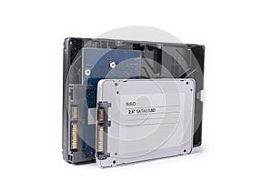 Hard disks and solid state SATA drives on the white background,