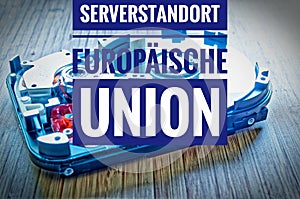 Hard drive 3.5 inches as a data storage with motherboard and in german Serverstandort EuropÃ¤ische Union in english server locatio
