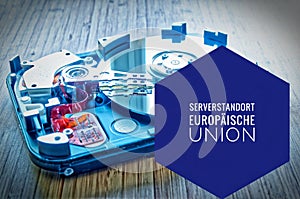 Hard drive 3.5 inches as a data storage with motherboard and in german Serverstandort EuropÃ¤ische Union in english server locatio