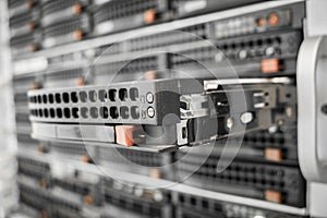 The hard drive in the computer server is close-up. Data storage is performed on media. Selective focus