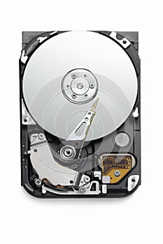 Hard drive open on white background from above