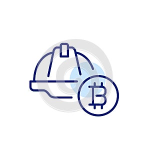 Hard hat and bitcoin symbol. Cryptocurrency mining. Pixel perfect, editable stroke icon