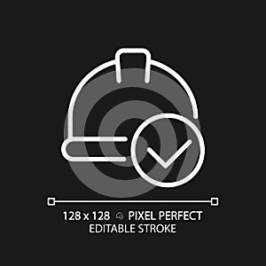 Hard hat with check mark pixel perfect white linear icon for dark theme