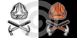 Hard hat and claw hammer vector objects in two styles, black on white and colored