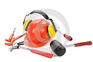 Hard hat and ear muffs with tools