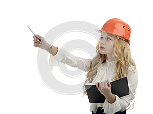 Hard hat engineer or architect woman showing pointing at copy sp