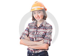 Hard hat engineer or architect woman on white background